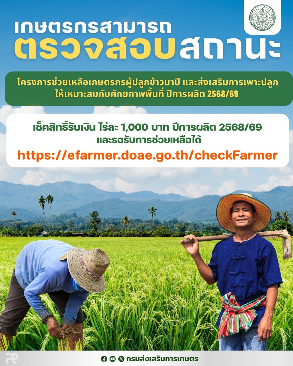 เกษตรกรที่ขึ้นทะเบียนผู้ปลูกข้าว ปีการผลิต 2568/69 สามารถตรวจสอบสิทธิ์รับเงินช่วยเหลือไร่ละ 1,000 บาท และติดตามสถานะการโอนเงินได้ผ่านระบบตรวจสอบทะเบียนเกษตรกรของกรมส่งเสริมการเกษตร